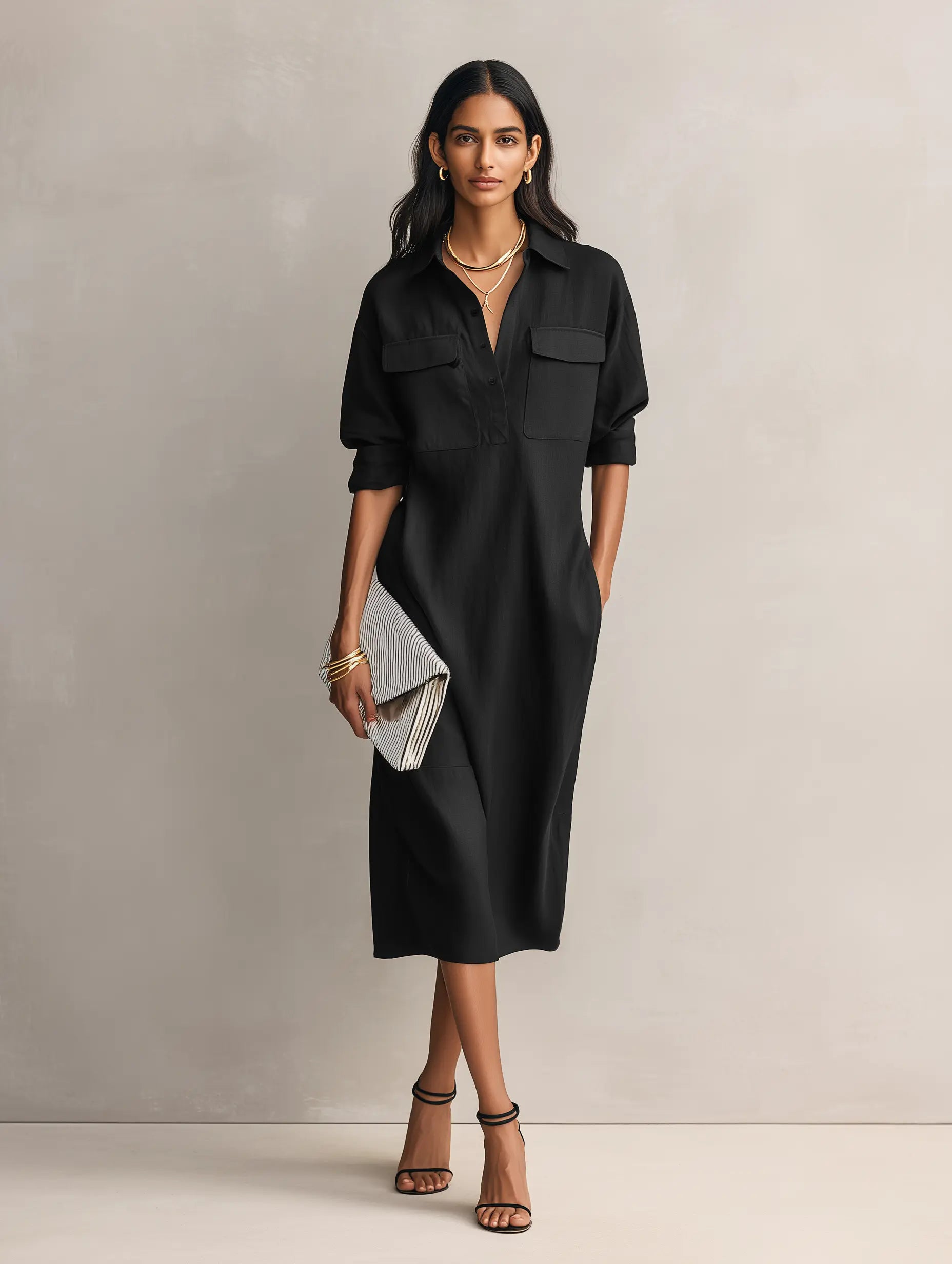 Frances | Women's Elegant Black Cotton-Linen Blend Shirt Collar Short-Sleeved Midi Dress oaklynwear
