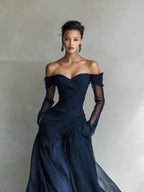 Adriana | Women's Elegant Dark Blue Chiffon Organza Off-Shoulder Long-Sleeved Fitted Maxi Dress oaklynwear