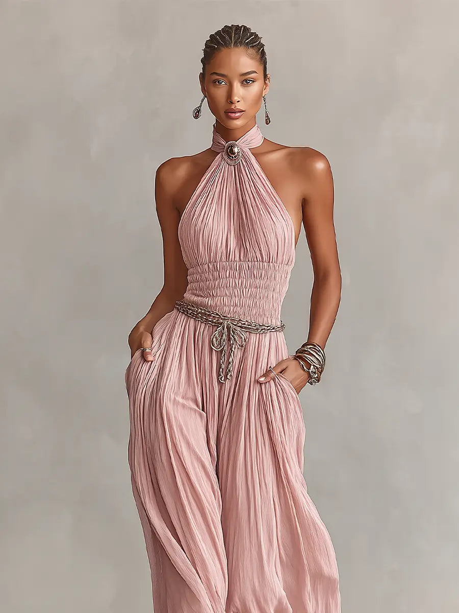 Rosa | Women's Blush Pleated Jumpsuit With Halter Neck & Ruched Waist oaklynwear