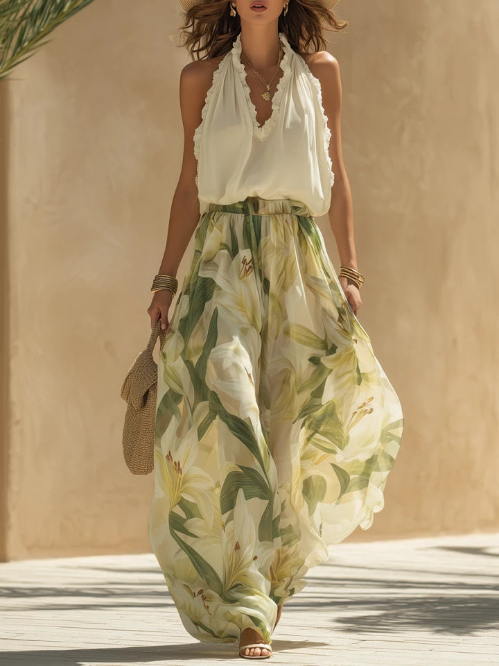 Lily | Ruffled Chiffon Top Printed Pants Set oaklynwear