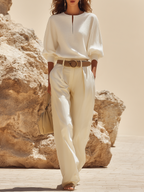 Resort-style Cotton V-neck Long-sleeved Trouser Set oaklynwear