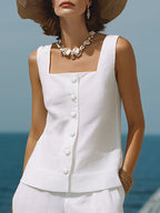 Sophia | Linen Square-Neck Top Capri Pants Set oaklynwear