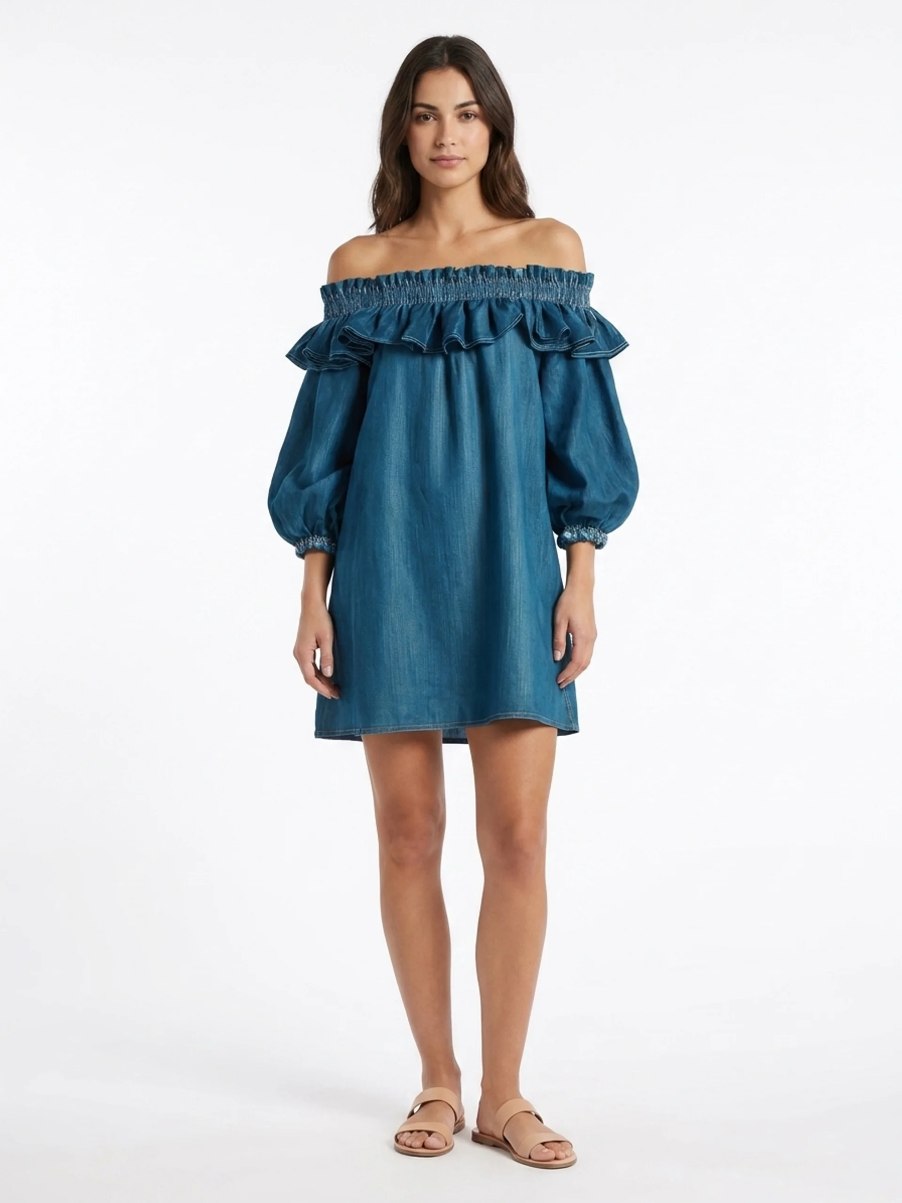 Billie | Off-Shoulder Ruffle Sleeve Denim Mini Dress oaklynwear