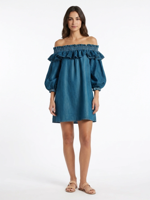 Billie | Off-Shoulder Ruffle Sleeve Denim Mini Dress oaklynwear
