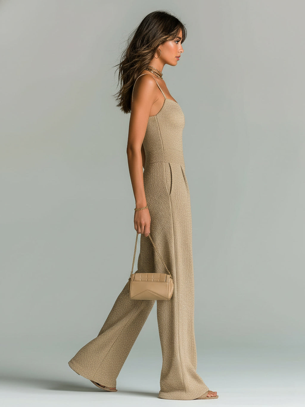 ElevenOra Chic Casual Camel Strappy Sleeveless Tailored Waist Wide Leg Ribbed Knit Jumpsuit oaklynwear