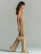 ElevenOra Chic Casual Camel Strappy Sleeveless Tailored Waist Wide Leg Ribbed Knit Jumpsuit oaklynwear