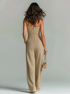 ElevenOra Chic Casual Camel Strappy Sleeveless Tailored Waist Wide Leg Ribbed Knit Jumpsuit oaklynwear