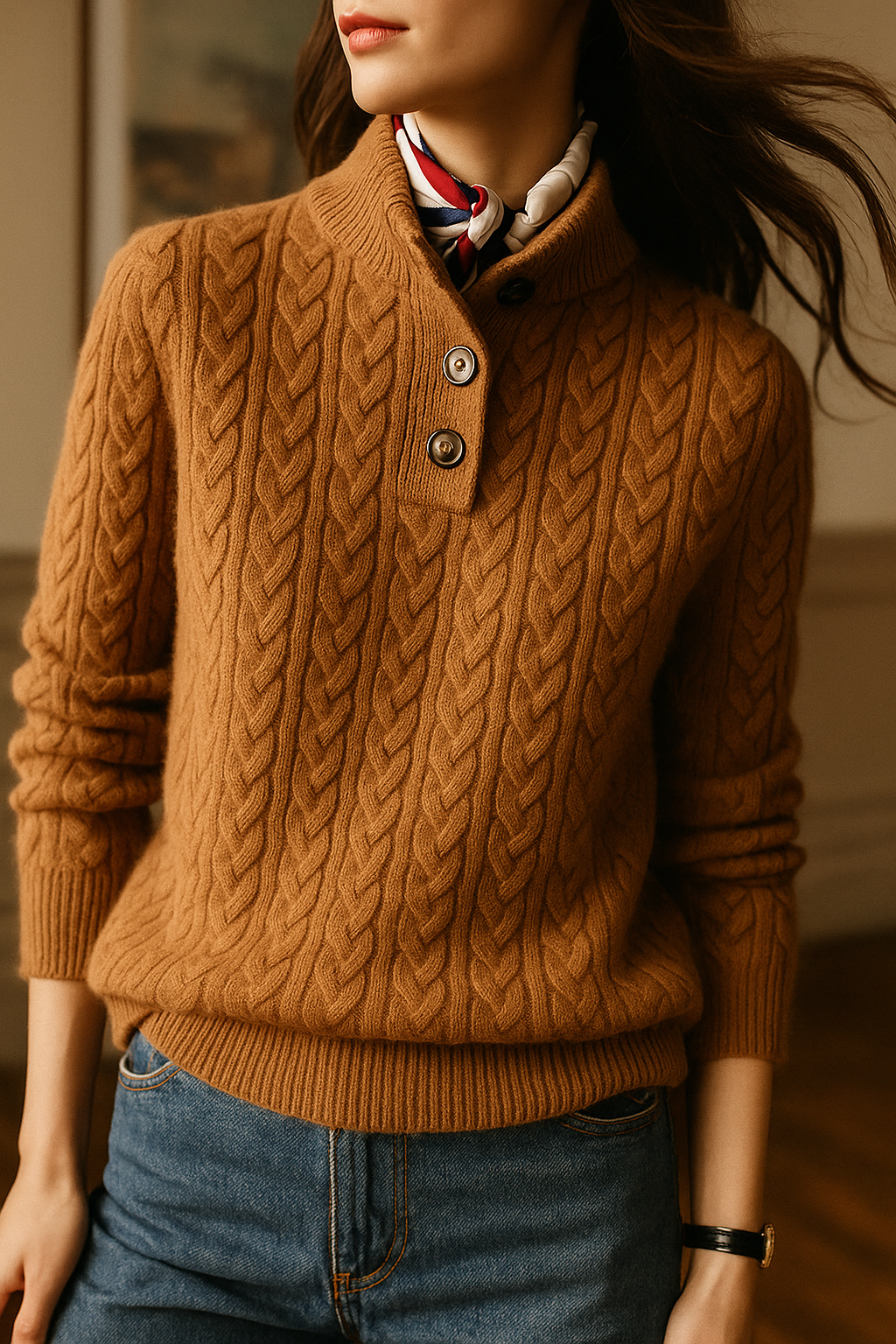 Ellie | Button-Up Cable Knit Sweater with Stand Collar, Cozy Winter Pullover oaklynwear
