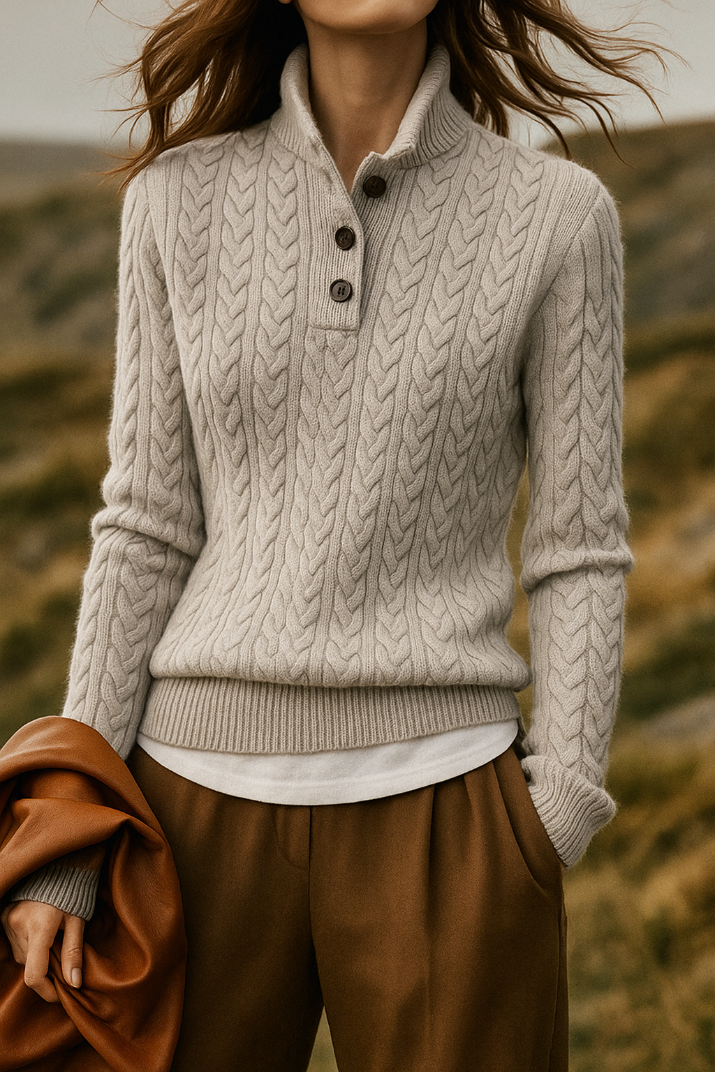 Ellie | Button-Up Cable Knit Sweater with Stand Collar, Cozy Winter Pullover oaklynwear