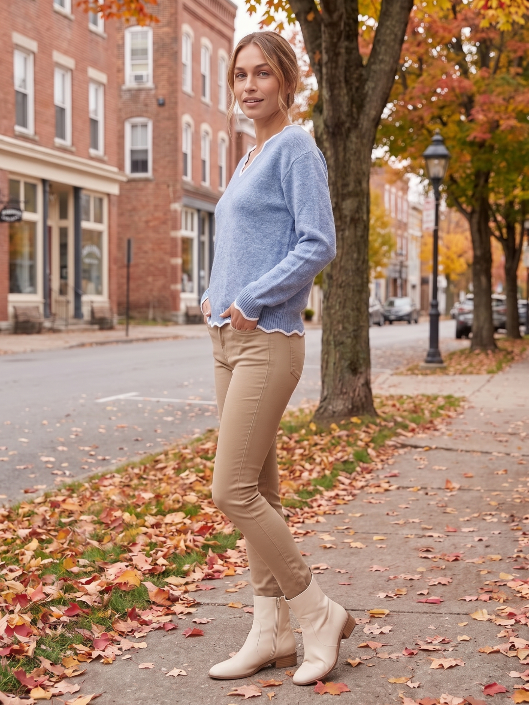 Emilia | Notch V-Neck Long Sleeve Sweater with Contrast Trim, Cozy Everyday Knit oaklynwear