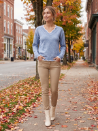 Emilia | Notch V-Neck Long Sleeve Sweater with Contrast Trim, Cozy Everyday Knit oaklynwear