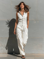 Clara | Women's Minimalist Cotton Blend Single-Breasted Sleeveless Jumpsuit oaklynwear