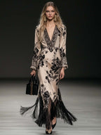 Elegant Bohemian Satin Maxi Dress for Women – V-Neck Tassel Dress with Ruffle Cuffs oaklynwear