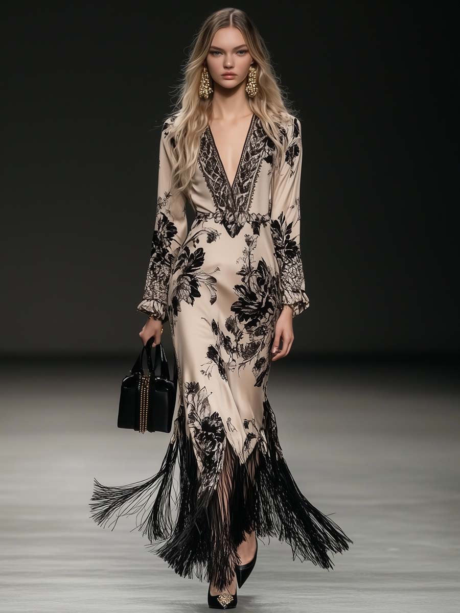Elegant Bohemian Satin Maxi Dress for Women – V-Neck Tassel Dress with Ruffle Cuffs oaklynwear