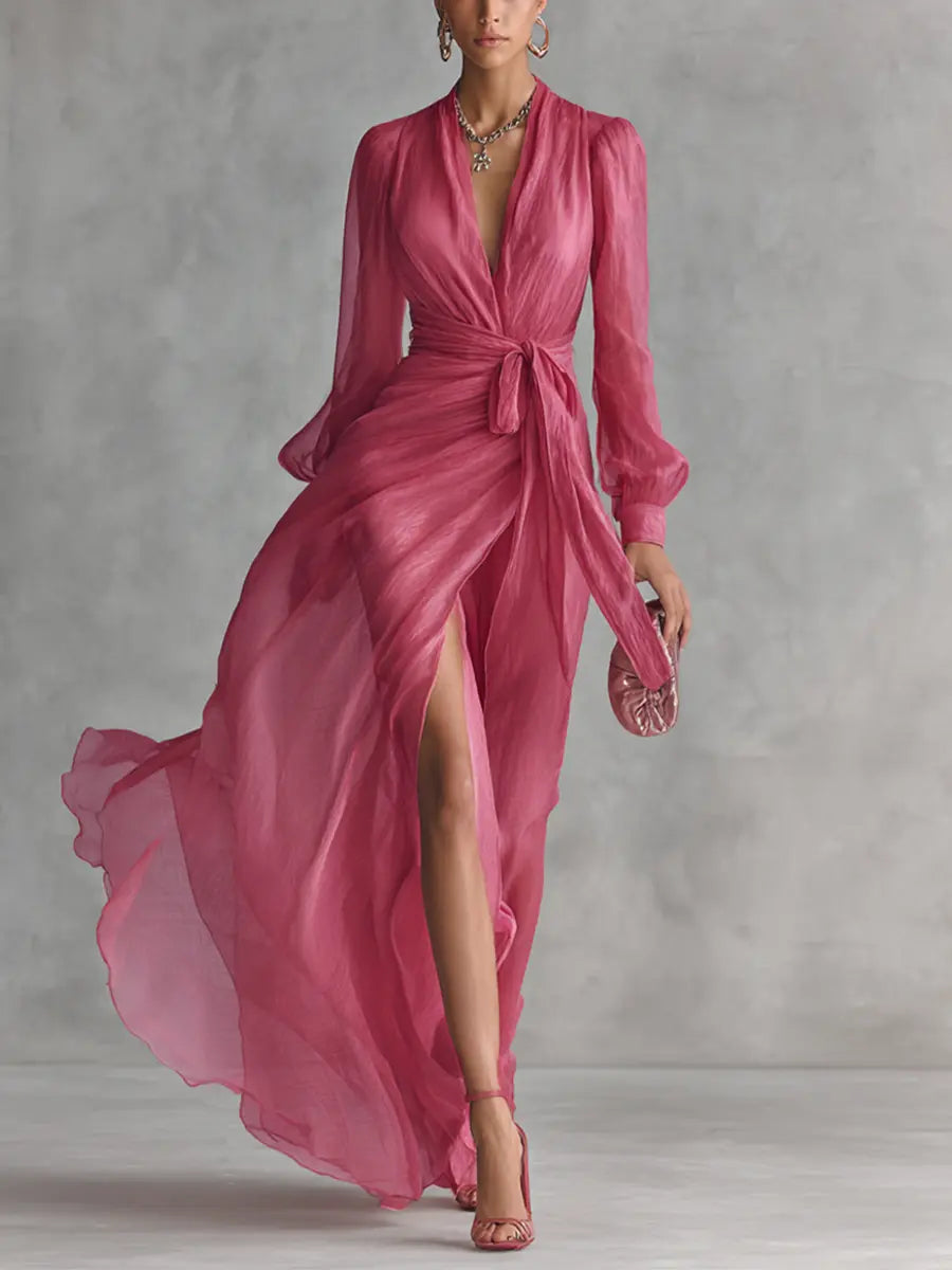 Rosalie | Women's Elegant Rose Pink Pearl Chiffon V-Neck Tie-Waist Long Dress oaklynwear