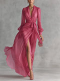 Rosalie | Women's Elegant Rose Pink Pearl Chiffon V-Neck Tie-Waist Long Dress oaklynwear