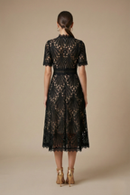 Elegant Women’s Lace Midi Dress – High Neck Silhouette with Refined Cutwork Detail oaklynwear