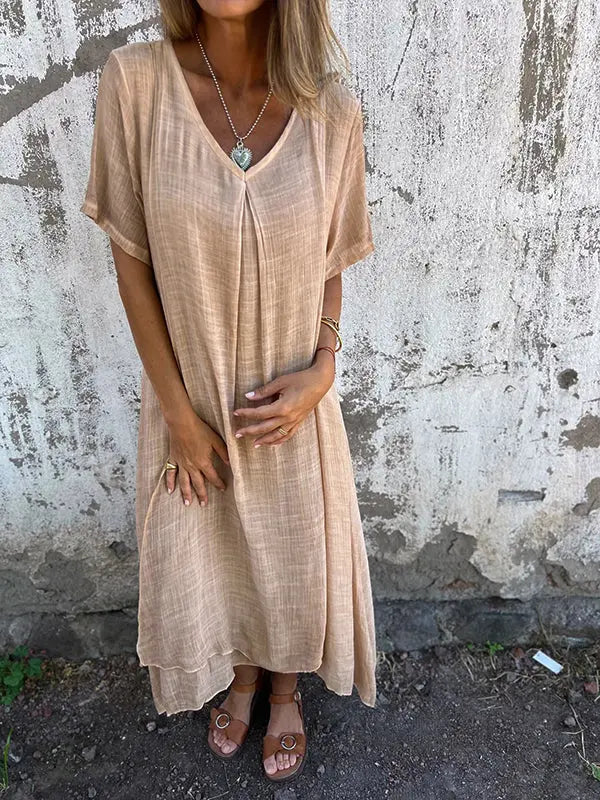 Oaklyn Gauze Cotton Midi Dress – V-Neck Short Sleeve Double Layer Relaxed Everyday Style oaklynwear