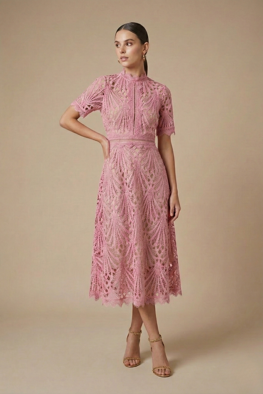 Elegant Women’s Lace Midi Dress – High Neck Silhouette with Refined Cutwork Detail oaklynwear