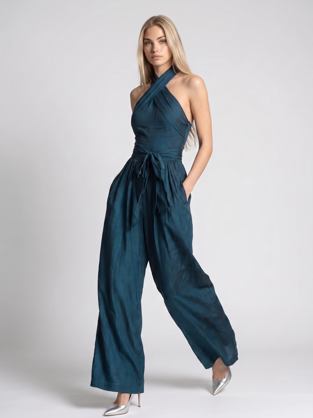Marina | Cross Halter Wide-Leg Linen Jumpsuit oaklynwear