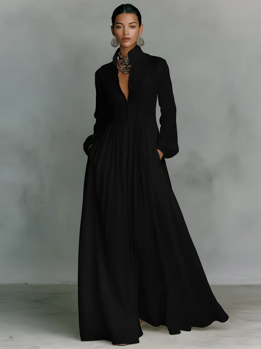 Miriam | Minimalist Cotton And Linen Patchwork Long-Sleeved Maxi Dress oaklynwear