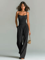 ElevenOra Chic Casual Camel Strappy Sleeveless Tailored Waist Wide Leg Ribbed Knit Jumpsuit oaklynwear