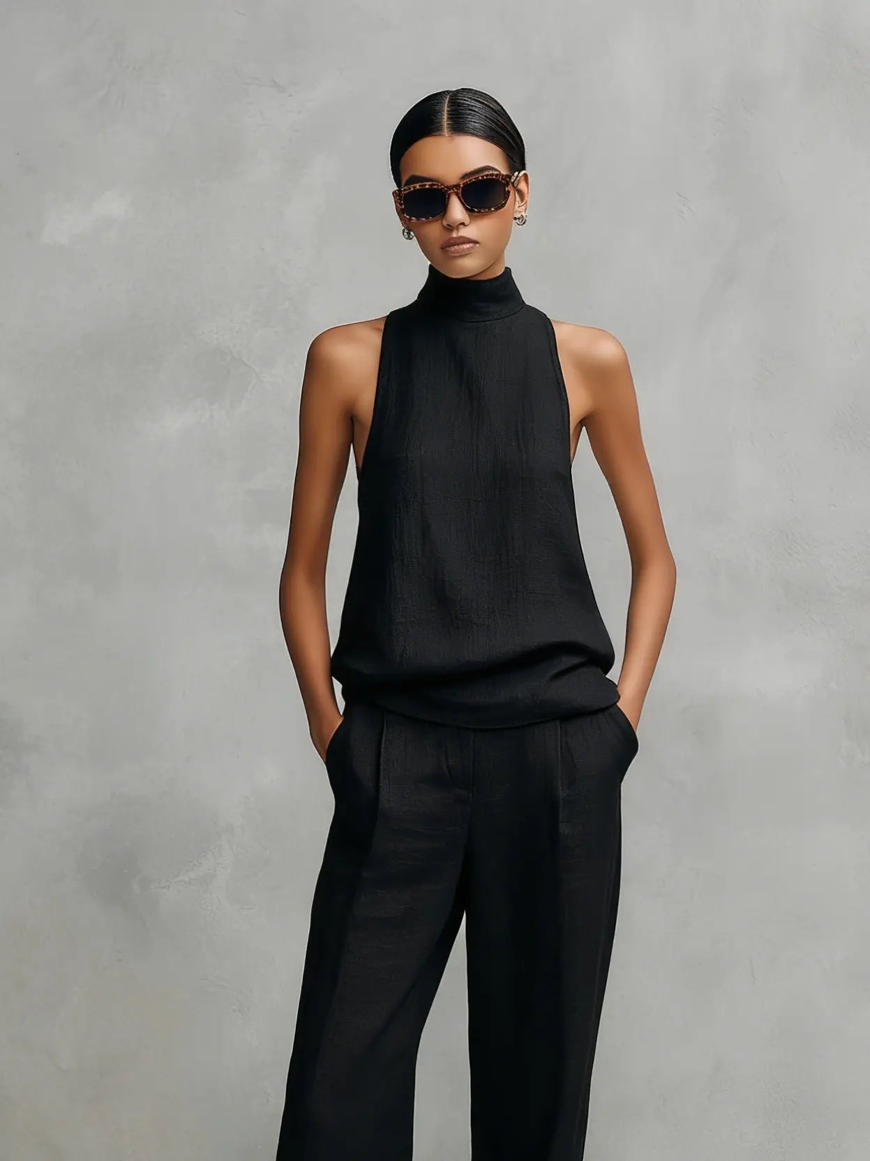Monica | Women's Elegant Black Cotton and Linen Round-Neck Sleeveless Top and Trousers Set oaklynwear
