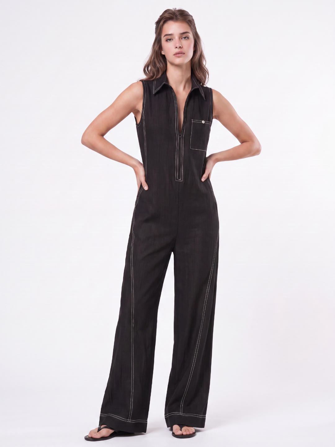 Fiona | White Trim Sleeveless Jumpsuit oaklynwear