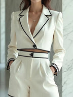 Cream Colored Short Blazer With Black Piping And High Waisted Pleated Shorts 2-Piece Suit oaklynwear