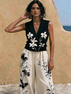 Black Floral Embroidered Sleeveless Lapel Vest & Floral Wide Leg Pants 2-Piece Suit oaklynwear