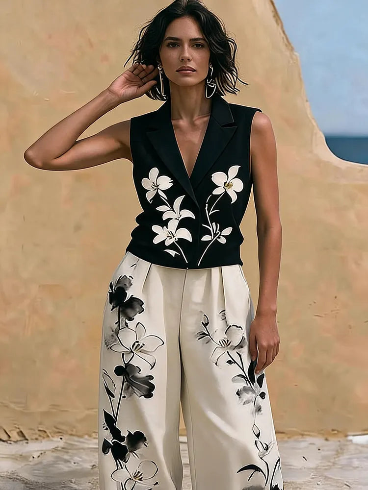 Black Floral Embroidered Sleeveless Lapel Vest & Floral Wide Leg Pants 2-Piece Suit oaklynwear