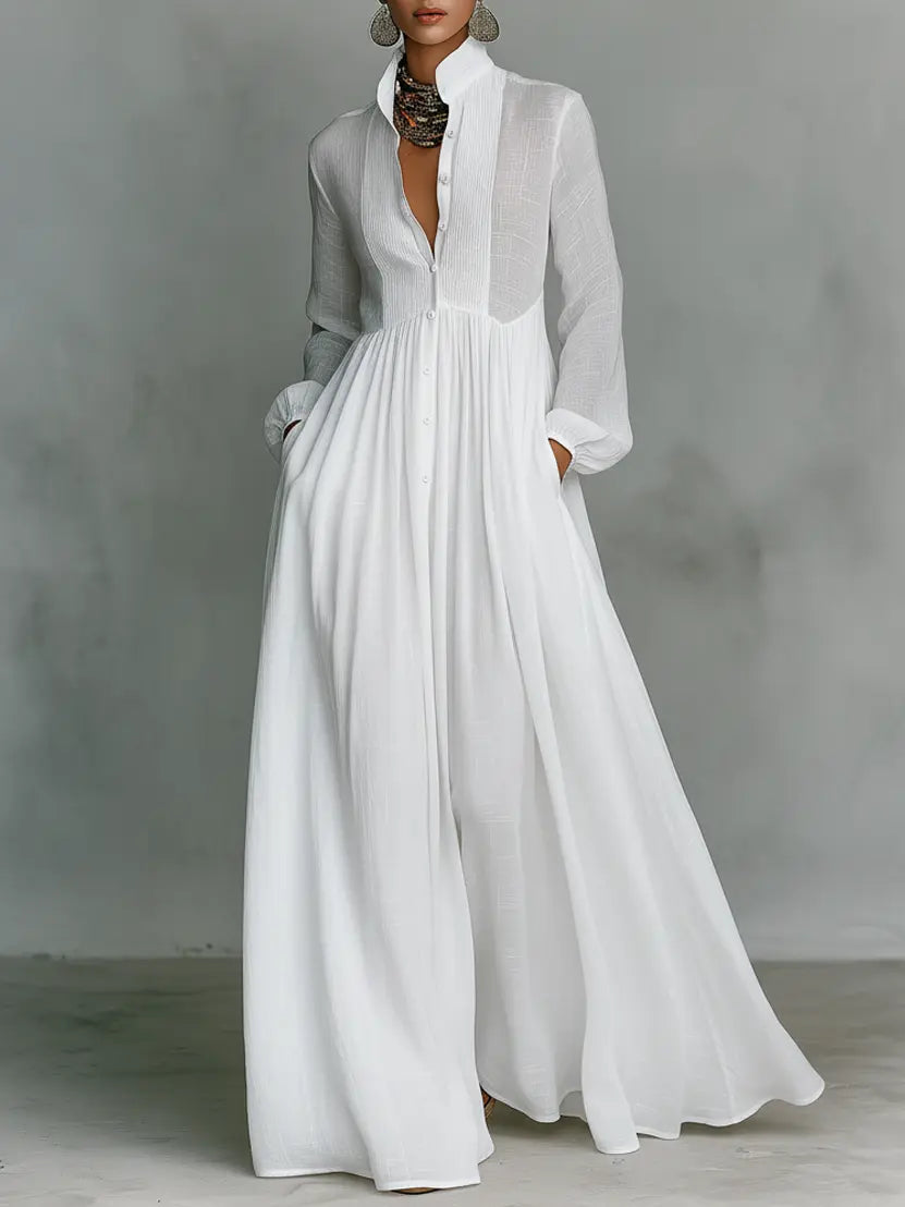 Miriam | Minimalist Cotton And Linen Patchwork Long-Sleeved Maxi Dress oaklynwear
