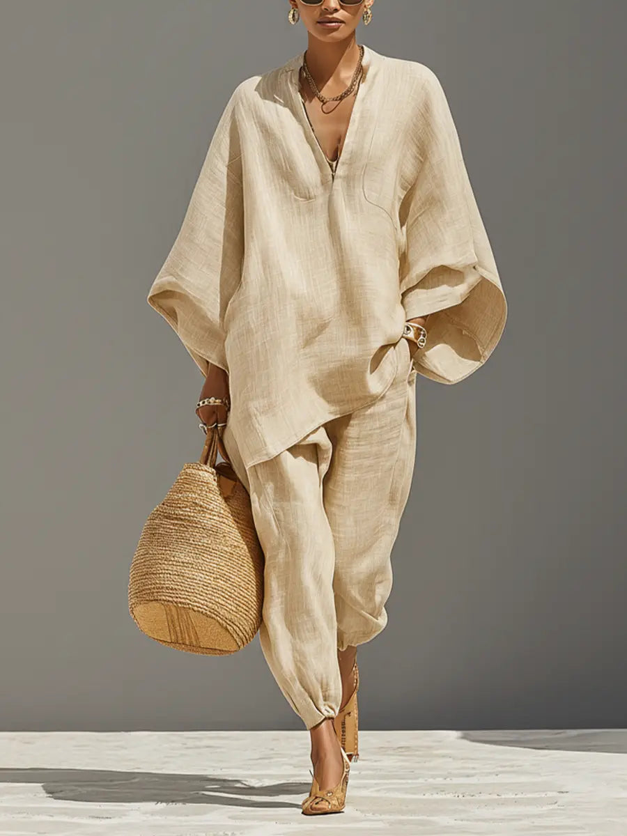 Nadia | Women's Neutral Linen Set With Asymmetric Hem & Minimalist Design oaklynwear