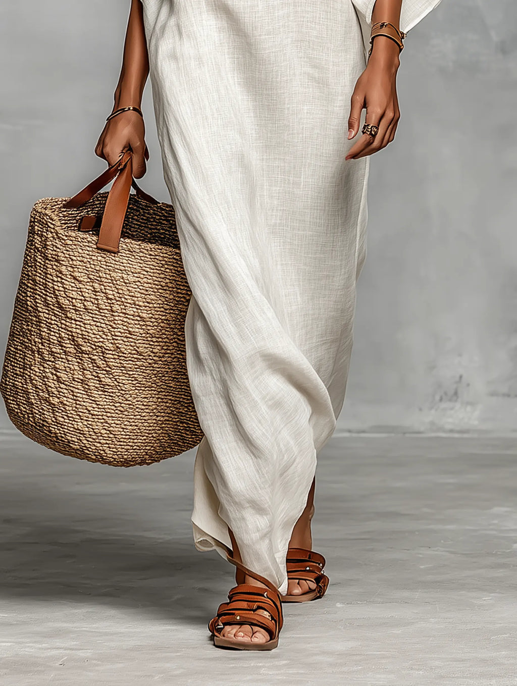 Bianca | Women's Minimalist Linen Blend Off-the-Shoulder Batwing Sleeve Straight-Cut Maxi Dress oaklynwear