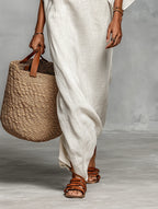 Bianca | Women's Minimalist Linen Blend Off-the-Shoulder Batwing Sleeve Straight-Cut Maxi Dress oaklynwear