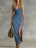 Demi | Button-Up Side-Slit Denim Maxi Dress oaklynwear