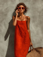 Ruby | Women's Red Cotton Dress With Spaghetti Straps & Square Neck oaklynwear