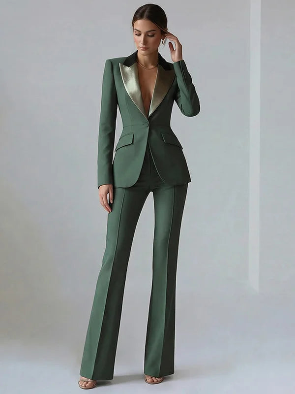Solid Color Blocked Satin Lapel Blazer Trousers 2-Piece Suit oaklynwear