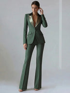 Solid Color Blocked Satin Lapel Blazer Trousers 2-Piece Suit oaklynwear