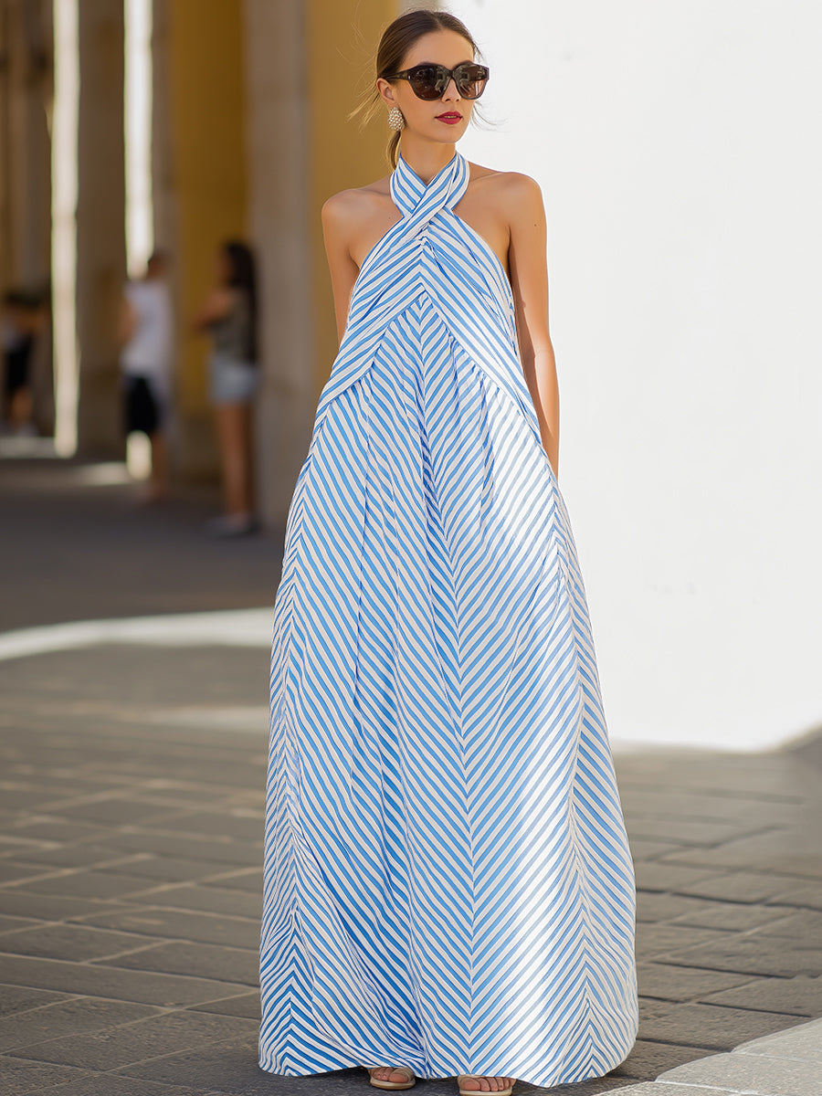 Marina | Striped Halter Neck Maxi Dress oaklynwear
