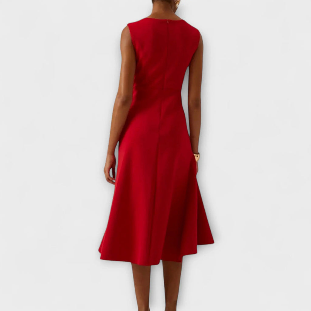 Oaklyn Asymmetric Ruffle Midi Dress – Boat Neck Sleeveless Formal Elegance oaklynwear