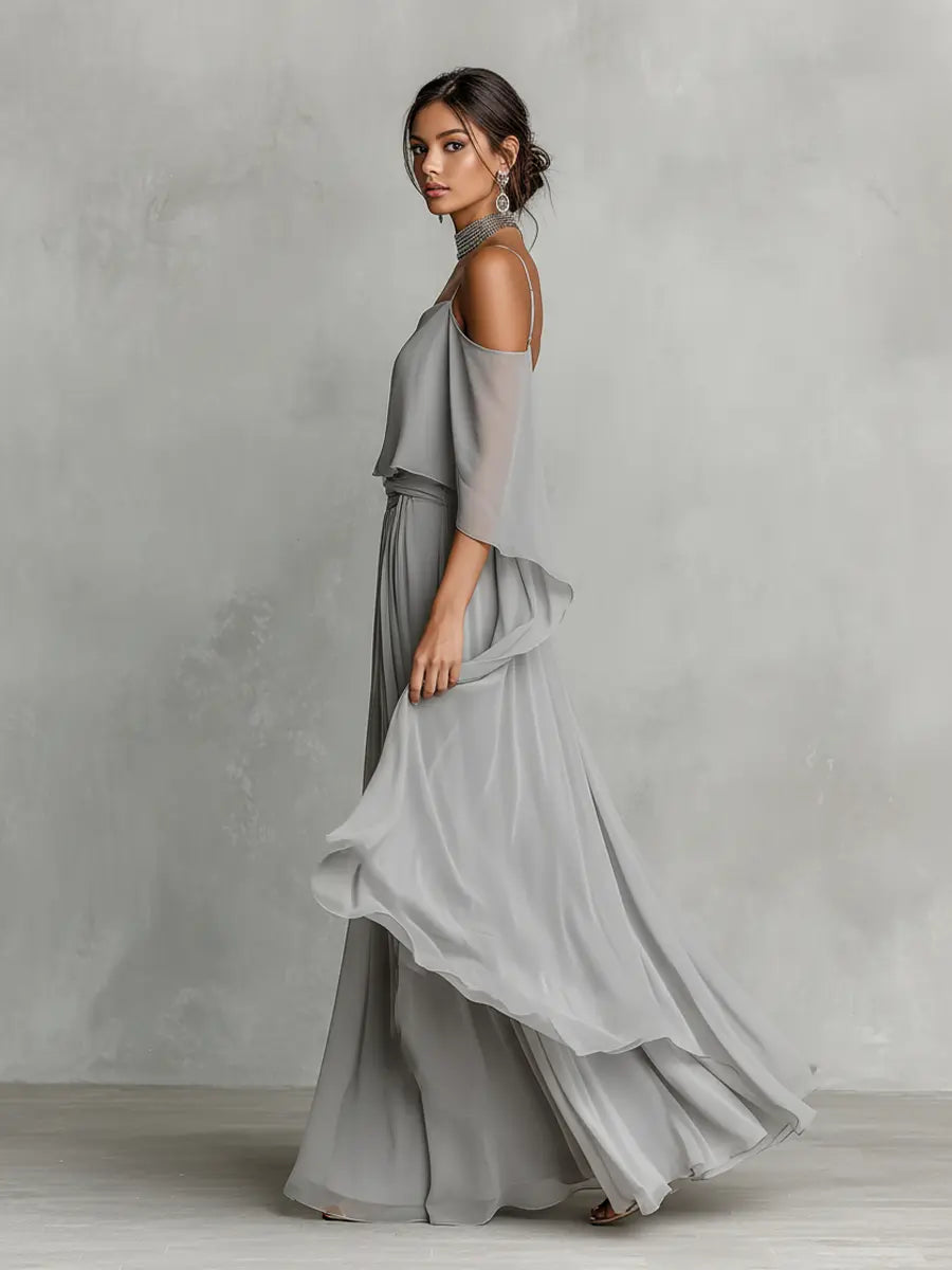 Simone | Women's Breathable Chiffon Set With Cold-Shoulder Detail & Flared Silhouette oaklynwear