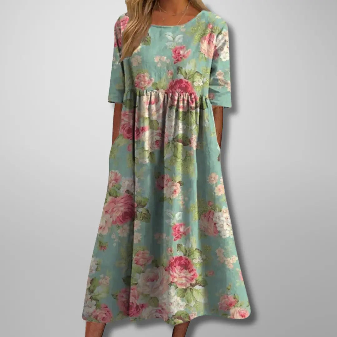 Oaklyn Floral Relaxed Midi Dress – Round Neck Elbow Sleeve Everyday Style oaklynwear