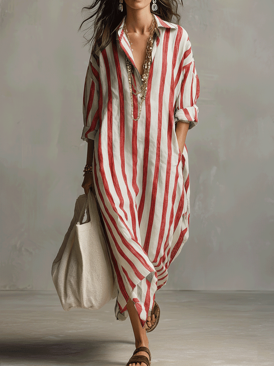 Casual Striped Shirt Bohemian Style Maxi Dress oaklynwear