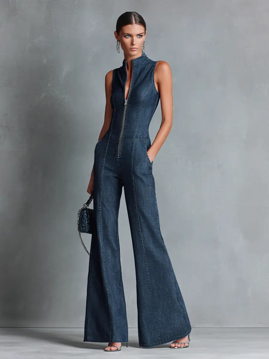 Roxanne | Women's Retro Style Dark Blue Denim Sleeveless High-Neck Flared Jumpsuit With Front Zipper oaklynwear