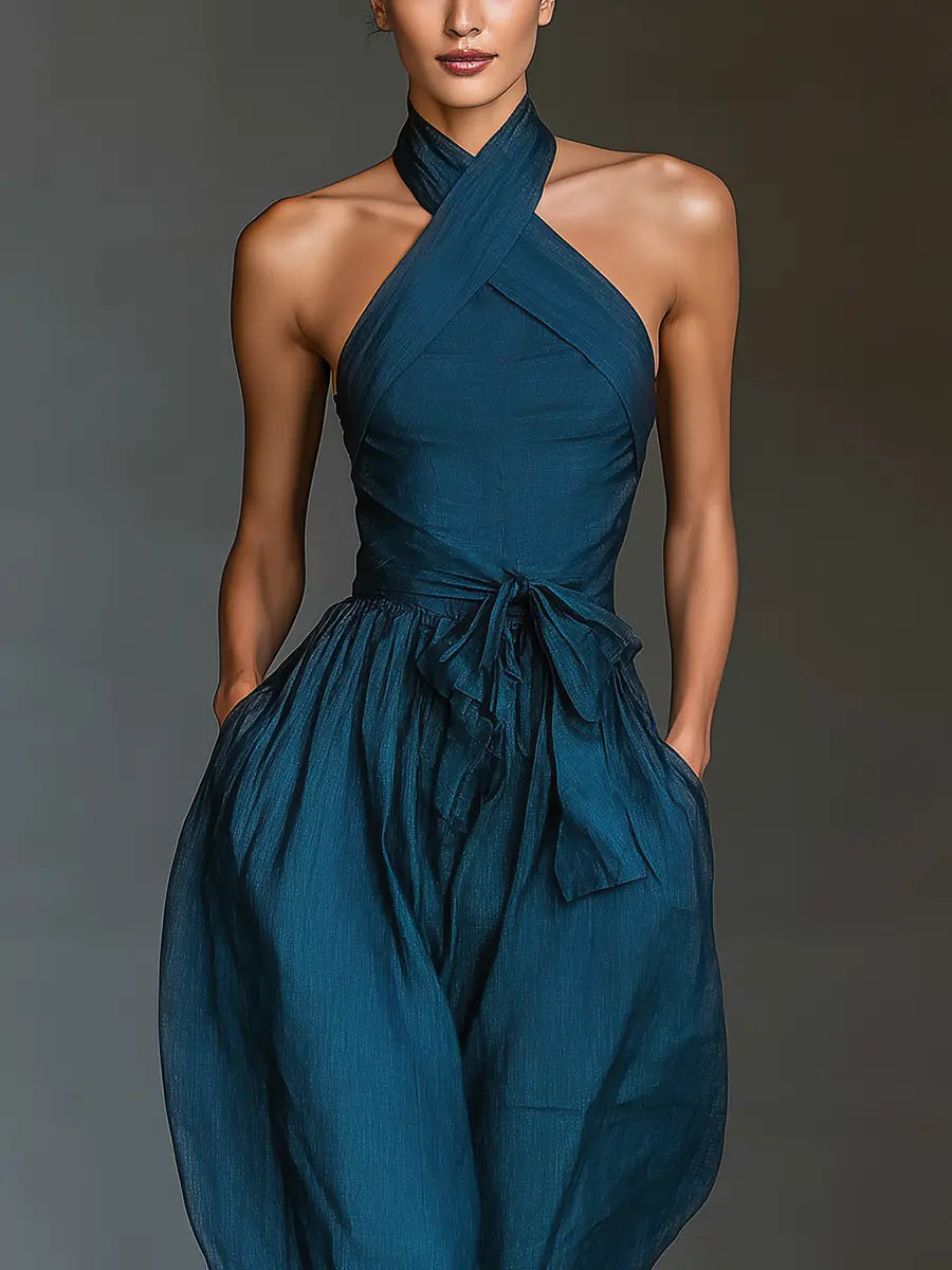 Marina | Women's Navy Blue Linen Fabric Cross Halter Wide-Leg Jumpsuit With Tie Waist & Side Pockets oaklynwear