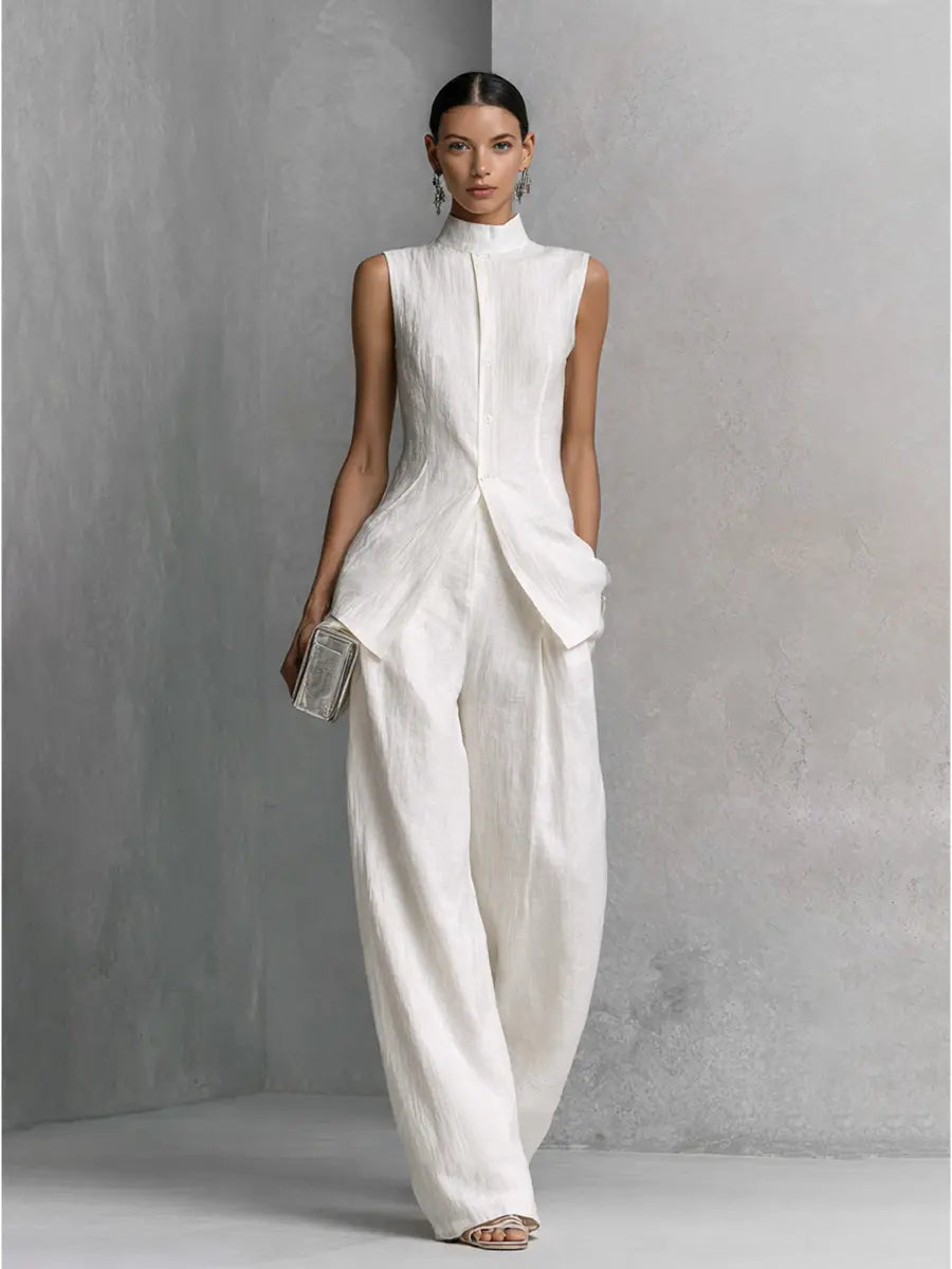Grace | Women's Elegant White Cotton Linen Sleeveless Top and Wide-Leg Pants Set oaklynwear