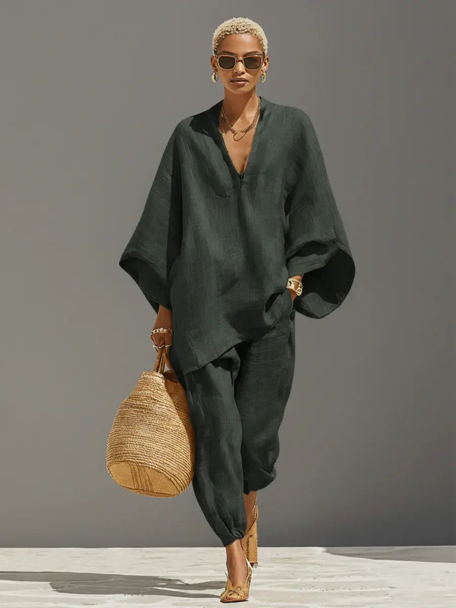 Nadia | Women's Neutral Linen Set With Asymmetric Hem & Minimalist Design oaklynwear