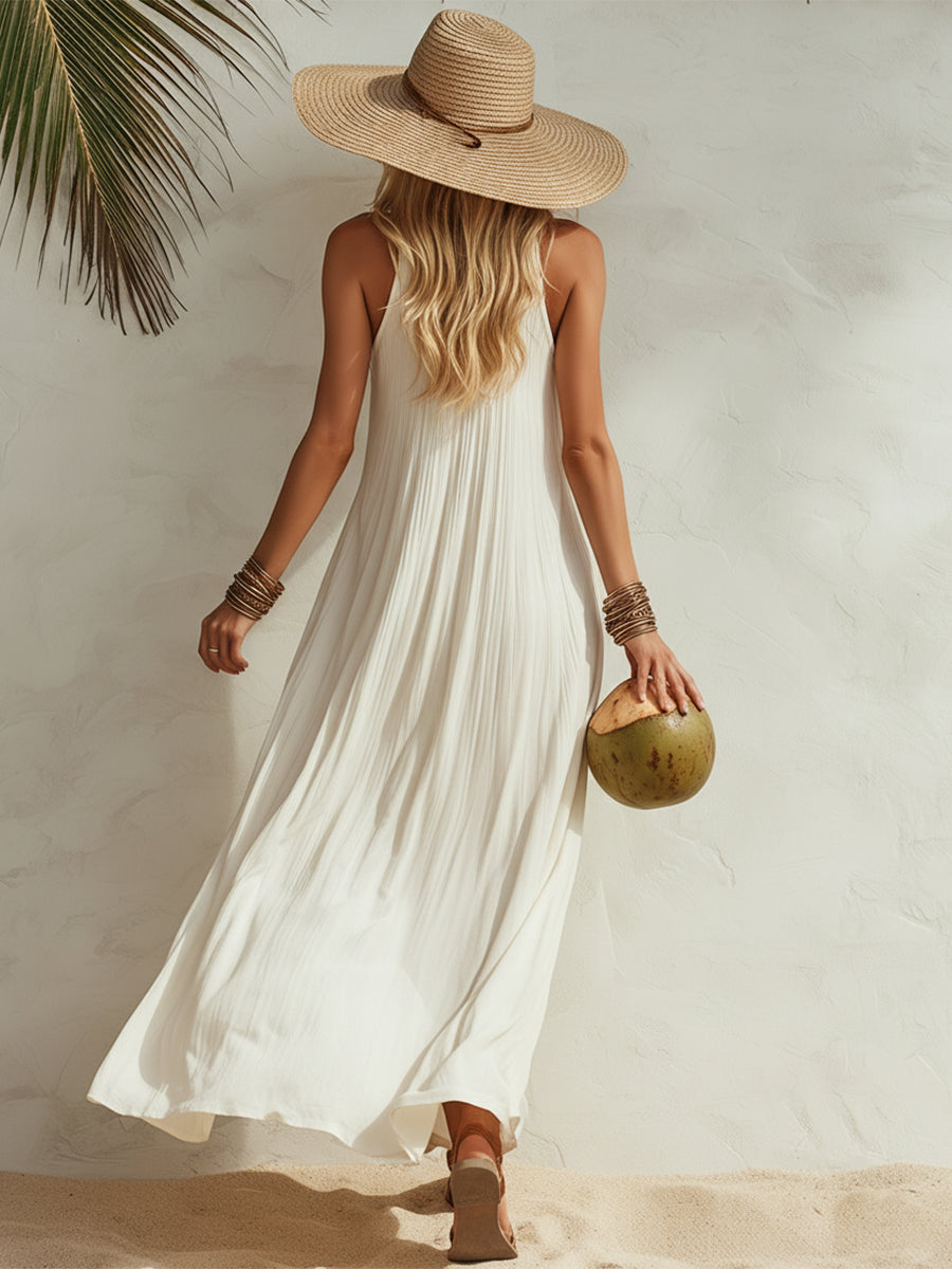 Elegant Coastal Resort Cream White Sleeveless Maxi Dress oaklynwear
