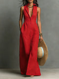 Claudette | Women's Minimalist Linen-Blend Collared Single-Breasted Sleeveless Maxi Shirt Dress oaklynwear
